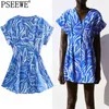 Sommar klänningar blå pläterad kort kvinna mode ärm mini kvinnor monterad midja casual 210519