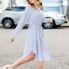 Elegant Blue Striped Shirt Design Dress Casual Long Sleeve Simple Knee-length Dress with Belt Office Lady Tunic Vestidos 210518