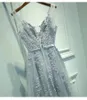 Sexy V-neck Evening Dress Robe De Soiree High Quality Gray Tulle With Appliques Dresses Long Dress Vestido