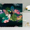 シャワーカーテントロピカルグリーンの葉の花の鳥のカーテンカラーオウムトゥーカンフラミンゴシマウマ布バスルーム装飾フックセット
