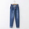 Mörk / ljusblå jeans för kvinnor damer våren höst mode broderi katt skägg mönster avslappnad denim byxor koreansk stil 210629