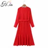 H.SA Kvinnor Långärmad Klänning Sexig Låg V Neck Red Bow Tied Waist Pläterad Vestidos Kvinna Chic Eleganta Klänningar 210417