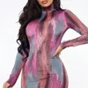 Cnyishe tie dye sexy spleet lange jurk vrouwen print partij lange mouwen jurken mode slanke vrouwelijke bodycon maxi jurk vestidos gewaden 210419