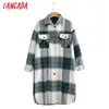 Tangada Autumn Winter Women green plaid Long Coat Jacket Casual Warm Overcoat Fashion Long Coats AI35 210930