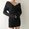 V Neck Sweater Dress for Women Solid High Waist Knitted Style Femme Robe Sexy Korean Bodycon Vestido 19355 210415