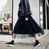 夏の女性チュールスカートプリーツのスカート黒のハイハイウエストミディスカート薄いシフォンメッシュヤーンルーズロングスカート女性210419
