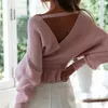 Col en V tricoté wrap pull pull femmes automne hiver décontracté élégant bureau dame doux rose pulls top pull femme 210427