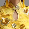 Roupa étnica Yellowgreen Partido Cheongsam Oriental Vestido de Noite Chinês Mulheres Tradicionais Elegante Qipao Sexy Seda Silk Longo Robe