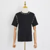 Twowinsyle preto patchwork pérola camisa para as mulheres o pescoço manga curta casual camisas soltas de moda feminina roupas verão 210524