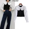 Patchwork Black White Women Shirts Ruffle Cute Long Sleeve Crop Top Female Peter Pan Collar Chic Woman Blouse 210519