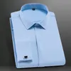 Men's Classic French Cuff Dress Shirts Long Sleeve No Pocket Tuxedo Male Shirt with Cufflinks Formal Party Wedding White Blue 220309