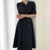 Корея платье для женщин летом с коротким рукавом, зубчатый сарафан сексуальный элегантный отворот двойной грудью дамы офисные платья 210602