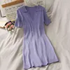 HELIAR Women Purple Polo Dress Knitted Women A-line High Waist Sexy V-neck Short Sleeve Bodycon Midi Dress Women 2021 Autumn G1214