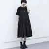 [EAM] Donne Black Pleated Strap Big Size Dress Dress Neck Sleeve Sleeve Adatto Fit Fashion Primavera Estate 1D6696 210512