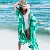 Bladeren Print Beach Cover Up Women Bikini Long Tunics Jurk Kaftans Wear Badpakken Badmode -S 210521