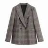 Streetwear Frauen Grau Plaid Jacke Mode Vintage Damen Zweireiher Blazer Kausal Weibliche Chic Tasche Lange Anzüge 210527