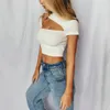 Sexy Solid Hollow Out Krótki Rękaw Kobiety Koszulki Casual Turtleneck Backless Ladies Slim Crop Tops Summer Bodycon Pullover Topy 210507