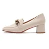 Jurk schoenen vrouwen hakken hoge kwaliteit merk ontwerp gouden ketting vierkante hiel loafers vrouwelijke effen zwarte beige slip op comfortabel leer