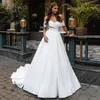 White A Line Wedding Dresses Off The Shoulder Neck Bridal Gowns Backless With Beaded Sash Sweep Train Satin Plus Size Vestido De Novia