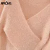 Aproms Rosa Fluffy Stickad Tröja Kvinnor Höst Vinter V-Neck Wrap Front Basic Cupped Pullovers Fashion Outerwear Jumper 210806