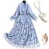 Elegante escritório senhora designers entalhados blazer e impressão midi strap chiffon vestido 2 peças terno mulheres mola roupas azuis vestidos 210601