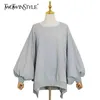 Luźna Koreańska Biała Bluza Dla Kobiet O Neck Batwing Side Side Split Casual Bluzy Kobiet Spadek 210524
