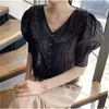 Sommarorganza koreanska mode korta blusar skjortor kvinnor puff ärm v-hals single-breasted toppar blusas femme svart aprikos 210513