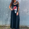 JOCoo Jolee Vintage Bawełna Luźna Koszula Sukienka Casual Streetwear Plus Size Sundress Kobiety Gothic Bez Rękawów Czaszka Drukuj Długa Dress 210518