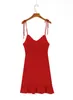French Summer Plain Red Black Front Ruched Bandage Spaghetti Strap Mini Dress Retro Sexy Ladies Lacing Up Sling Ruffles Dresses 210429