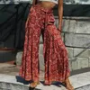 Inspiré rétro rouge imprimé taille haute pantalon femmes ceinture attaché élastique été pantalon femme dames jambe large pantalon bas 210412