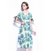 Women Designer Elegant Blue Rose Belt V Neck Puff Sleeve Sexy Cocktail Party Robe Female Vintage Print Chiffon Dress Vestidos 210525