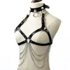 Zwart Lederen Kousenband Grote O Ring Halter Sexy Harnas Beha Kooi Verstelbare Bretels Riemen Metalen Klinknagel Clubwear voor Lady2690