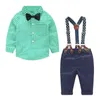 Designer Clothes Newborn Baby Kid Sets Infant Korean Children Clothing Set Gentleman Suit Plaid Shirt Bow Tie Suspend Trousers 2pcs Suits