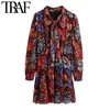 TRAF Women Fashion Floral Print Pleated Mini Dress Vintage Bow Tied Collar Long Sleeve With Lining Female Dresses Mujer 210415