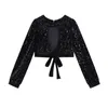 Sexy Sequin Crop Blouses Et Chemises Pour Femmes Dos Nu Bandage À Manches Longues Party Club Brillant Bling Noir Tops Élégant Blusas 210417