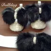 First Walkers Black Hair Beautiful Fur Winter Baby Girl Bling Briades Nursery Room Designer Embellished Rhinestones Handmade Crib Shoes