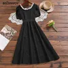 Franse vintage vrouwen kant vierkante kraag zomerjurk zwart rood bladerdeeg mouw split midi a-line party elegante dames vestidos 210520