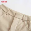 Tangada Femmes Beige Faux Cuir Costume Pantalon Taille Haute Poches Bureau Dames Pu Pantalon JE176 211118