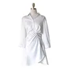 PERHAPS U Turn Down Collar Long Sleeve Mini Dress Summer Women White Solid Satin Shirt Dress Button D1990 210529