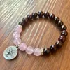 Charm Bracelets Garnet Stone & Rose Q-uartz Beaded Bracelet Girl 8mm Natural Wrist Tree Of Life Yoga Energy Healing Boho Women