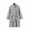 女性ミッドハイネックベルトオーバーコートイギリスのファッション女性斜めシングルブレストプレイヤージャケット210520