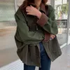 Korean Thick Autumn Vintage Lapel Casual Style Loose Full Lantern Sleeve Coats and Jackets Women Army Green Streetwear 211014