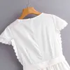 Kobiety Koronki Patchwork Białe Sukienki Bawełniane Krótki Rękaw Solid Casual Sashes Kobieta O Neck Summer Elegancki Mini 210515