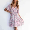 Floral Print Short Sleeve Summer Dress for Women Boho Beach Style Mini Vintage Flower Sundress French with Belt 210427