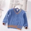 Barntröja Boys Pullover 2021 Höst Vinter Nya Barnkläder Bomull Baby Sweaters Toddler Jumper 2-7Y V-Neck Striped Y1024