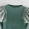 Za Knit Top Women Ruffled Organza Blouse O-neck Long Sleeve Ribbed Trim Feminine Patchwork Autumn Knitted Blouses 210602