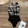 Sexy V-Neck Swimsuit Plus Size Stroje Kąpielowe Kobiety Wysokie Pasem Kostium kąpielowe Beachwear Backless Swim Wear S ~ XL 210712