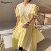 Vestido de verano de talla grande Chic coreano para mujer, costura de encaje, suelto, amarillo, elegante, con solapa, manga larga, 14302 210512