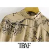 Traf Women Fashion Floral Print Loose Blue Vintage Long Sleeve Back Button Female Shirts Blusas Chic Tops 210415