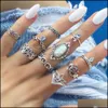 Cluster rings smycken 10 stilar Bohemian Antik Sier Set för kvinnor Retro Hand av Fatima Elephant Flower Ankh Crescent Midi Knuckle Finger R